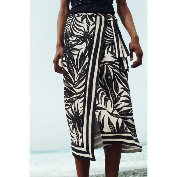 Zara Womens Wrap Skirt Midi Size M Black Printed High Waist 9878/109 NWOT - Picture 1 of 12